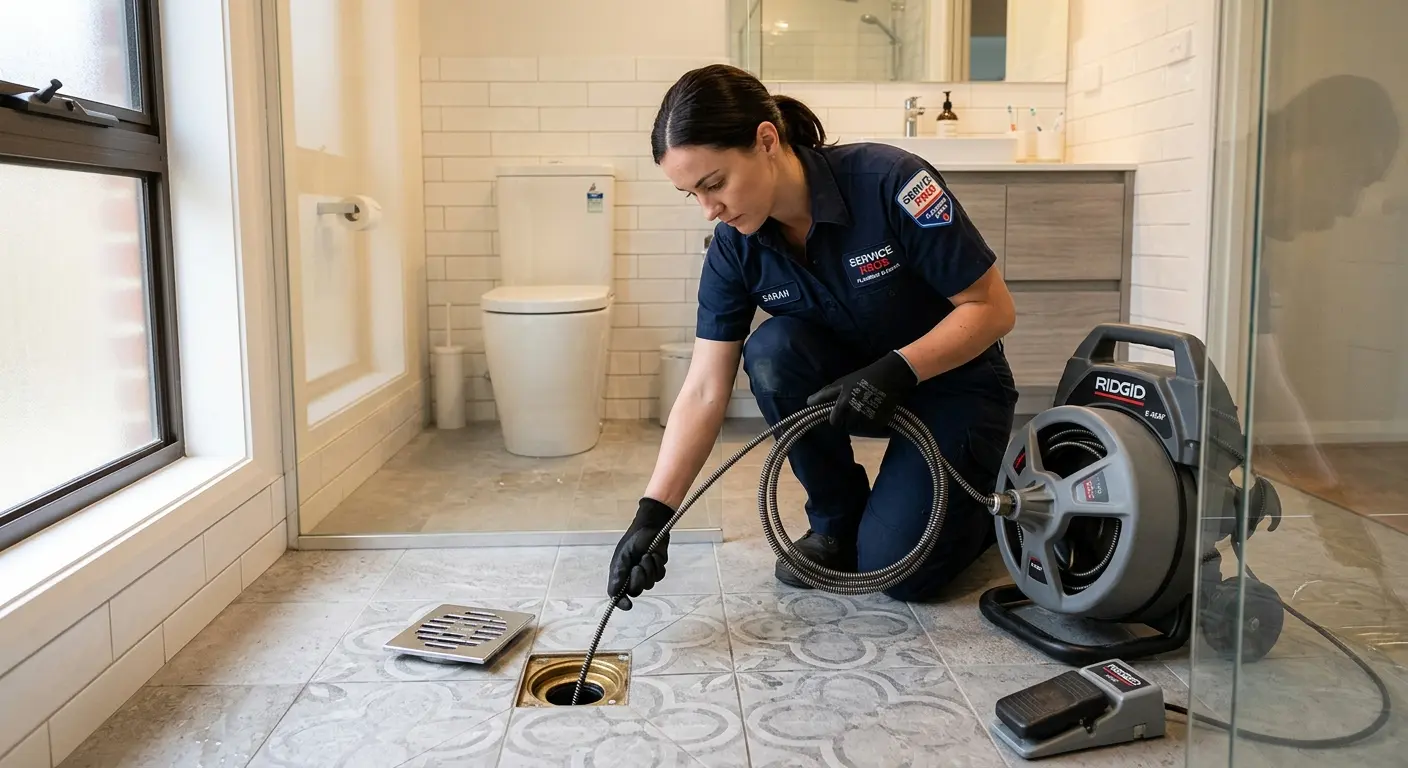 Technician clearing a bathroom floor drain for Drain Repair in Avon Park